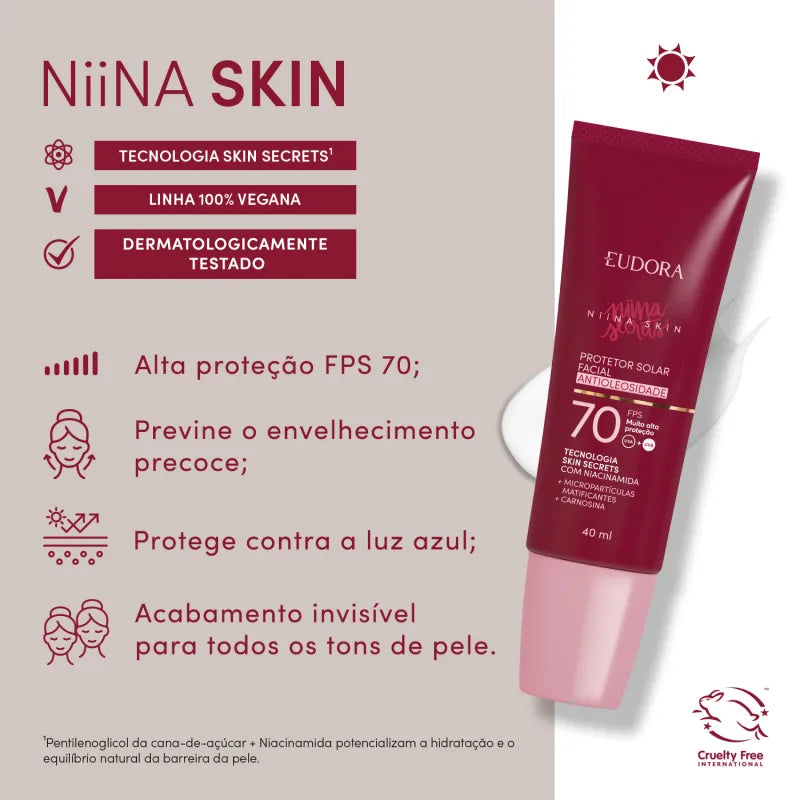 Protetor Solar Facial Antioleosidade FPS 70 Niina Skin - 40ml